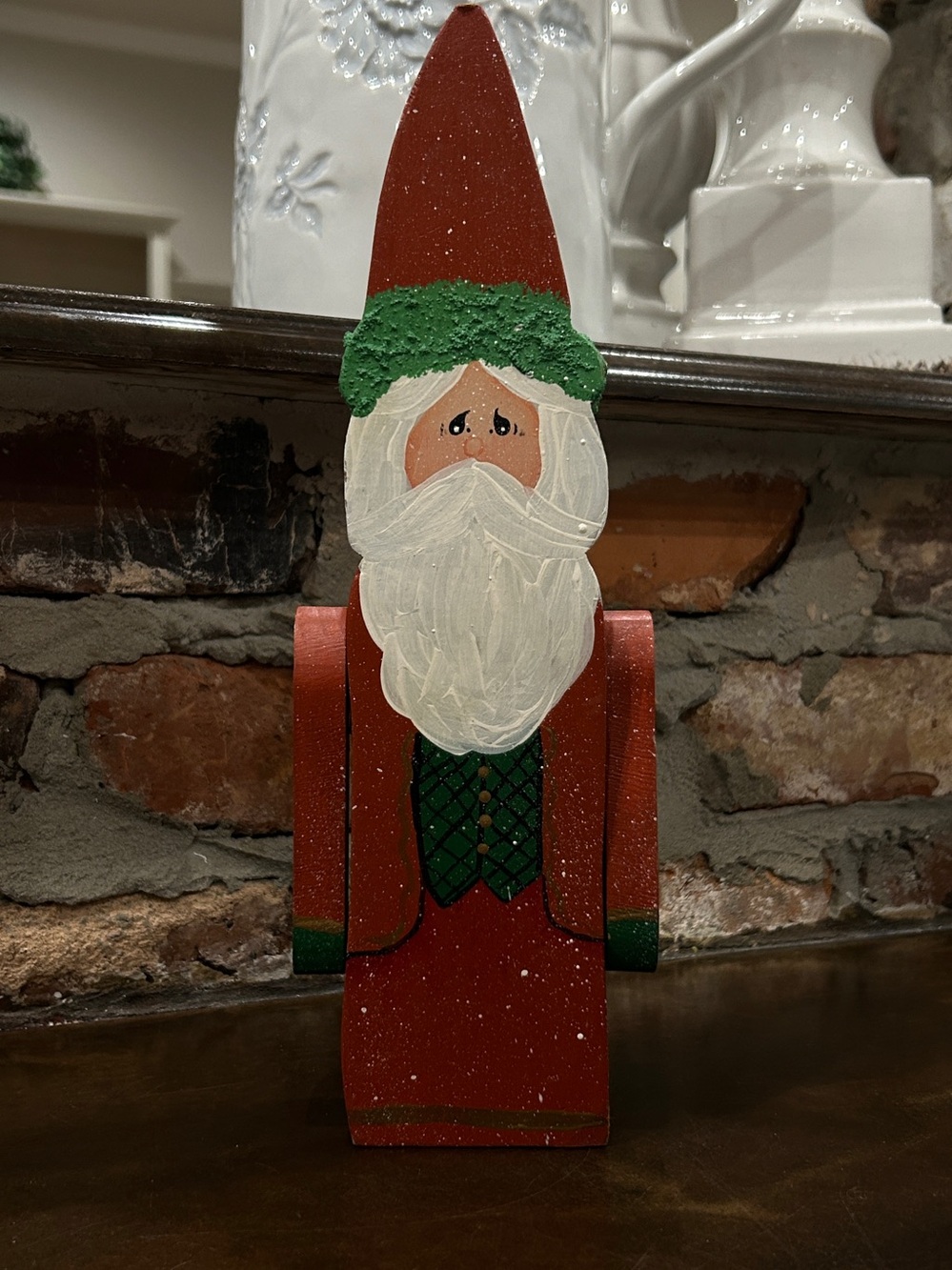 Hand Painted Wooden Santa Christmas Figurine Red Green 11” Holiday Decor